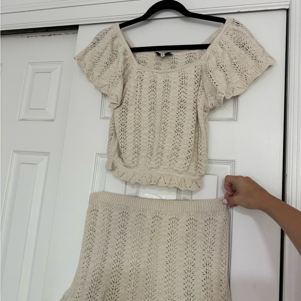 Summery Crochet Cream Knit Skirt Set
